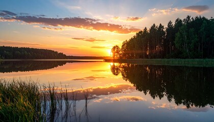 Obraz premium Serene lake landscape at sunrise with calm water and lush greenery.