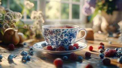 A close-up of a cup of tea on a table with a window in the background blurred.