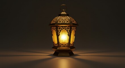 Ramadan lantern with intricate metalwork casting warm light, symbolizing tradition and celebration.