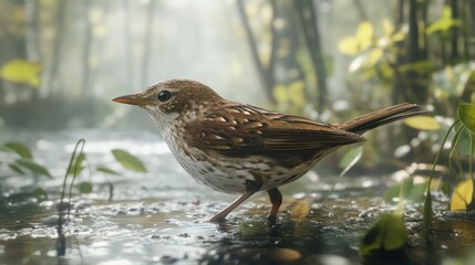 Bird standing on wet ground amidst greenery and blurred foliage, highlighting its detailed plumage and attentive gaze.