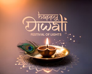 Happy Diwali wishes with a golden diya and peacock feather, spreading light, peace, and prosperity this festive season.