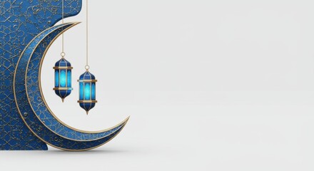 Ramadan crescent moon with hanging lanterns in blue and gold for islamic celebrations. Eid mubarak.