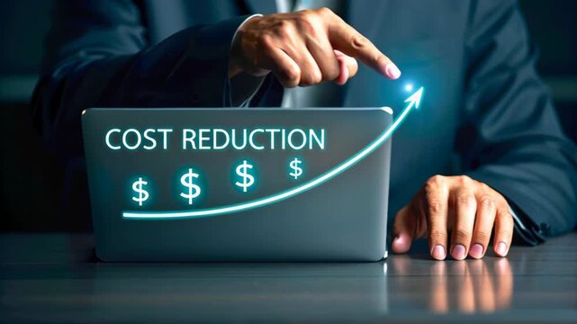 Businessman Analyzing Cost Reduction Strategies with Laptop and Graphic Elements for Finance