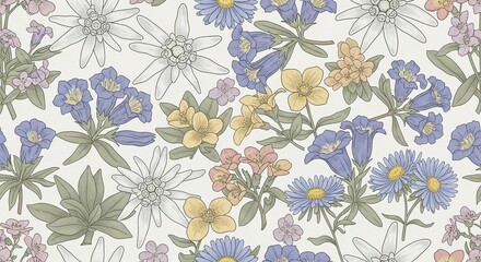 seamless alpine wildflower pattern. vintage vector illustration with edelweiss, gentian, and aster in pastel colors