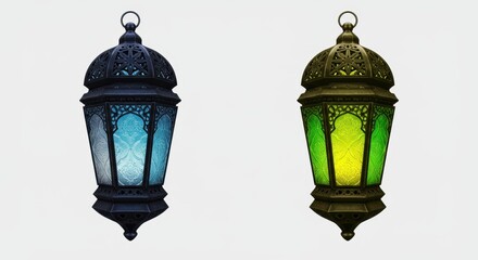 Two decorative lanterns with intricate metalwork and colored glass, for festive ramadan decor.