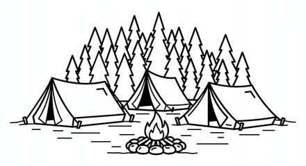 camping site with tents and bonfire in pine forest line art illustration