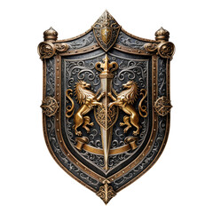 Ornate heraldic shield, twin lions, sword, and detailed filigree