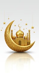 Golden mosque on crescent moon with stars, a symbol of islamic culture and ramadan kareem.