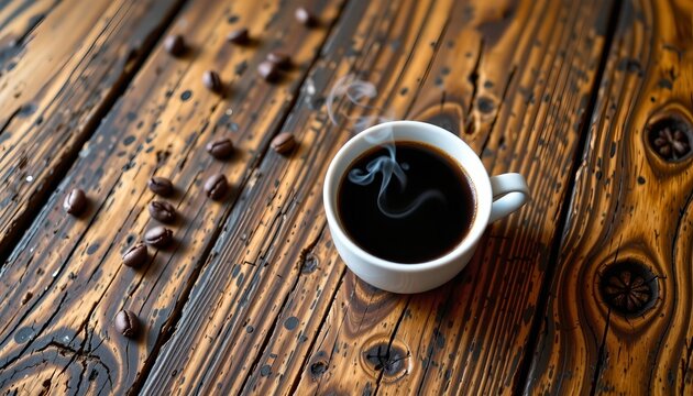 Rustic Coffee Cup Wooden Table with Steam - Powered by Adobe