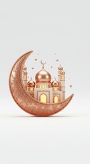 Ramadan kareem crescent moon with mosque and stars for festive islamic holiday. Eid mubarak.