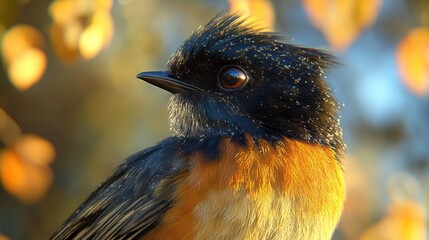 Tiny colorful bird with intricate feathers in its natural environment, surrounded by vegetation, plumage typical of native avian life.