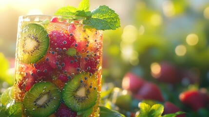 A close-up of a clear glass with a tropical drink with an emphasis on its ingredients in the rays of the sun.