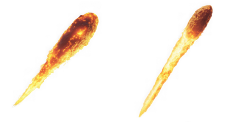 Two fiery trails of bright orange and yellow flames, resembling shooting stars or comets, isolated on a clean transparent background
