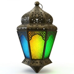 Ramadan lantern with blue, yellow, and green stained glass panels and intricate metalwork design.