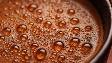 Closeup of a mug filled with steaming coffee, bubbles on the surface reflect light.
