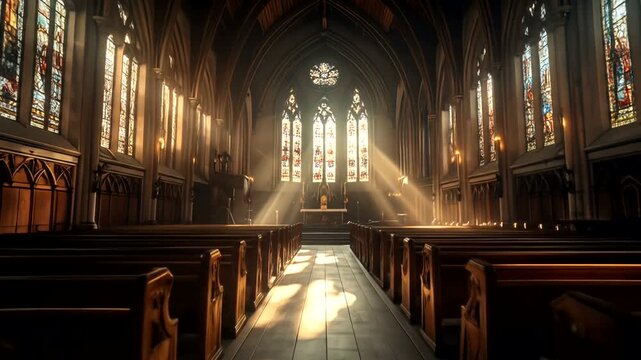 Sunlight streams through stained glass windows of an empty church interior.