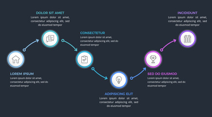 Business workflow infographic template with six steps connected by arrows, dark background