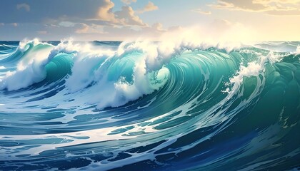 Powerful Curling Ocean Waves Under a Bright Sky