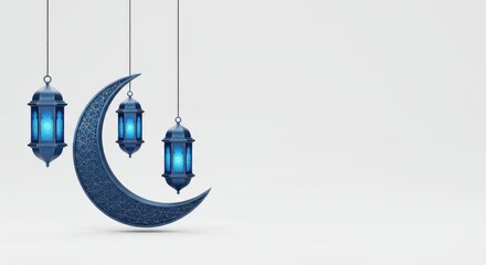 Ramadan crescent moon and lantern with intricate design, suspended against white background.