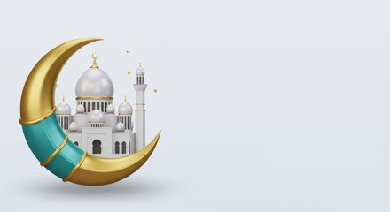 Ramadan kareem crescent moon with mosque. Islamic holiday design. Eid mubarak concept.
