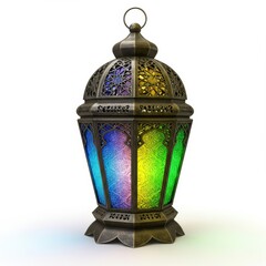 Ramadan lantern with intricate metalwork and colorful stained glass panels on a white background.