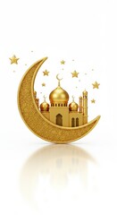 Golden mosque on crescent moon with stars. Festive design element for muslim holidays.