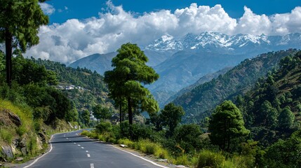 Fototapeta premium Winding Road Through Green Hills of El Panorama with Snow-Capped Mountains and Lone Car