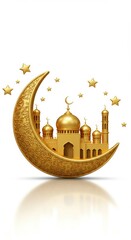 Golden mosque on a crescent moon with stars. Islamic background for ramadan kareem concept.
