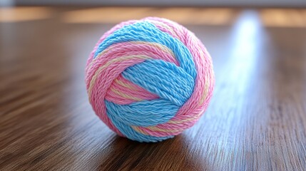 A close-up shot of a colorful ball of yarn on a wooden table.