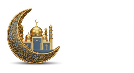 Golden crescent moon with a mosque inside, on a white background. Islamic design concept.