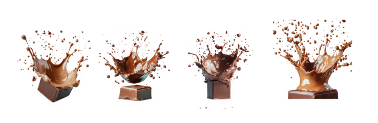 Chocolate bar breaking apart with splash of liquid chocolate isolated on transparent background
