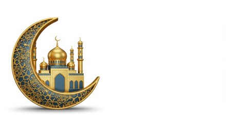 Ramadan kareem crescent moon with golden mosque. Islamic design for holy month of muslim.