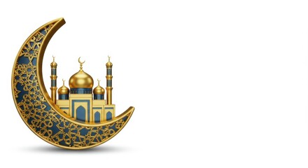 Golden mosque with crescent moon. Islamic design for holy month of ramadan and eid.