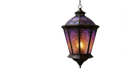Hanging ornate lantern with purple and orange stained glass on a white background. Interior design.