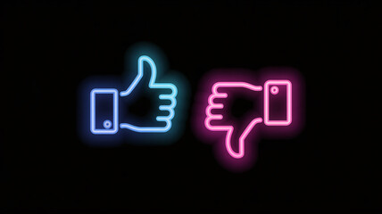Neon glowing thumbs up and thumbs down icons on a black background, representing like and dislike, approval and disapproval, positive and negative feedback