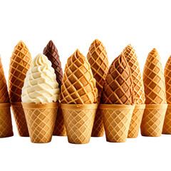 Ice cream cones of vanilla, chocolate, caramel, and plain. Close up