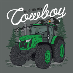 tractor illustration with mountain background