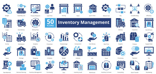 Inventory Management two tone contains 50 icons including inventory turnover, forecasting, stock transfer, storing, stock, just in time, survey 