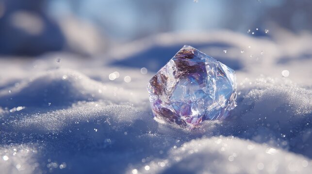 Close-up of a sparkling crystal resting on fresh white snow, showcasing intricate frost patterns and icy details in a peaceful winter landscape with cold seasonal atmosphere and natural light reflecti