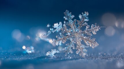Macro photograph of a real snowflake crystal resting on a soft blue background, capturing the delicate ice structure and intricate symmetry of a natural snowflake appearing to float gracefully in the 