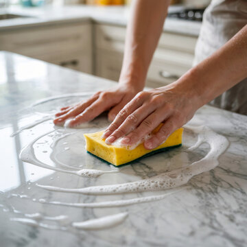 Higiene y brillo: Manos usando una esponja para limpiar la encimera de m&aacute;rmol de la cocina