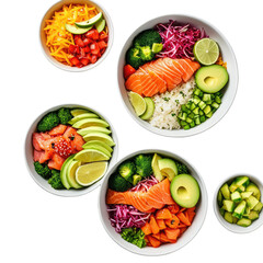 Colorful salmon bowls with rice, vegetables, and avocado slices