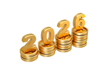 2026 number and golden coins isolated on white