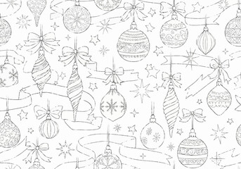 Hand Drawn Christmas Ornaments and Ribbons Seamless Pattern.