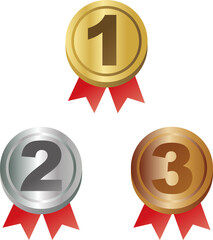 First, Second, and Third Place Medals with Red Ribbon
