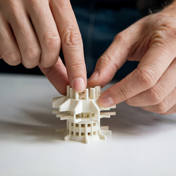 Ingenier&iacute;a y manos: Un close-up de manos examinando un prototipo impreso en 3D