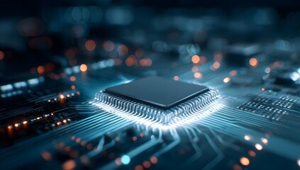 Close up view of a glowing central processing unit on a complex electronic circuit board with intricate pathways and blurred background lights