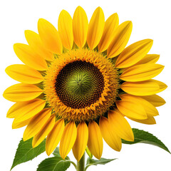 Bright yellow sunflower blossom with green leaves on a black background