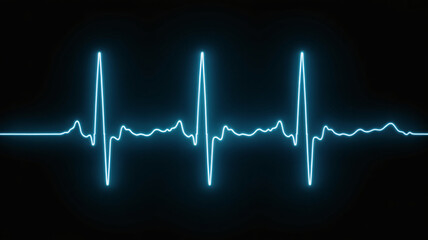 A bright blue neon electrocardiogram heartbeat line on a black background, representing life and health