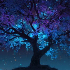 Digital painting of a luminous tree silhouetted against a night sky filled with celestial light